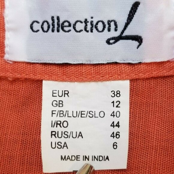 Collection L Womens Sz 6 Orange Cotton Linen Collared Henley Top Blouse High-Low - Picture 5 of 7